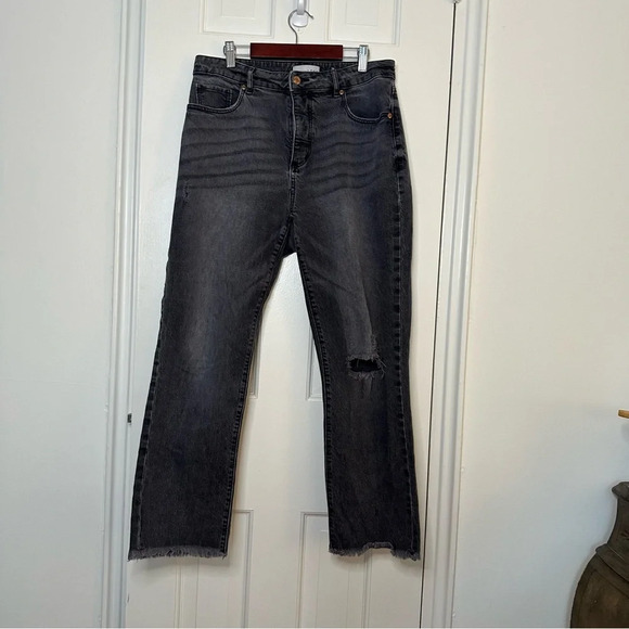 LOFT The Curvy Straight Crop High Rise Jeans Raw Hem Ripped Black 28 - Picture 1 of 8